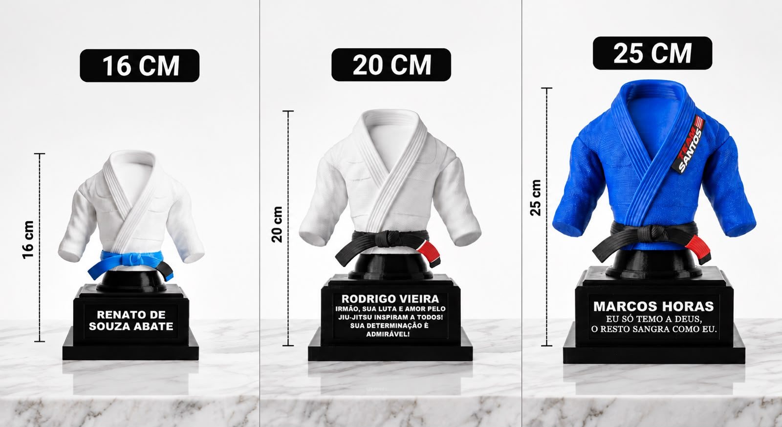 Comparação lado a lado dos troféus de 16, 20 e 25 cm com a altura de cada um