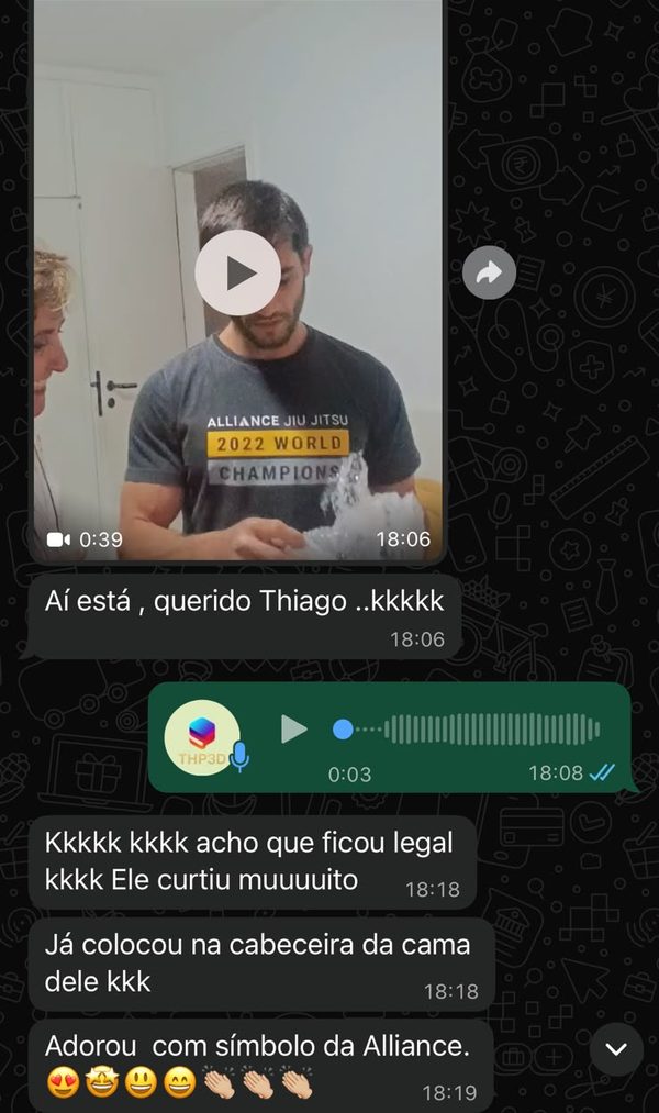 Print de conversa no WhatsApp: Cliente conta que o presenteado curtiu muito e colocou o troféu na cabeceira