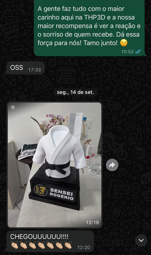 Print de conversa no WhatsApp: Cliente comemora a chegada do troféu do sensei
