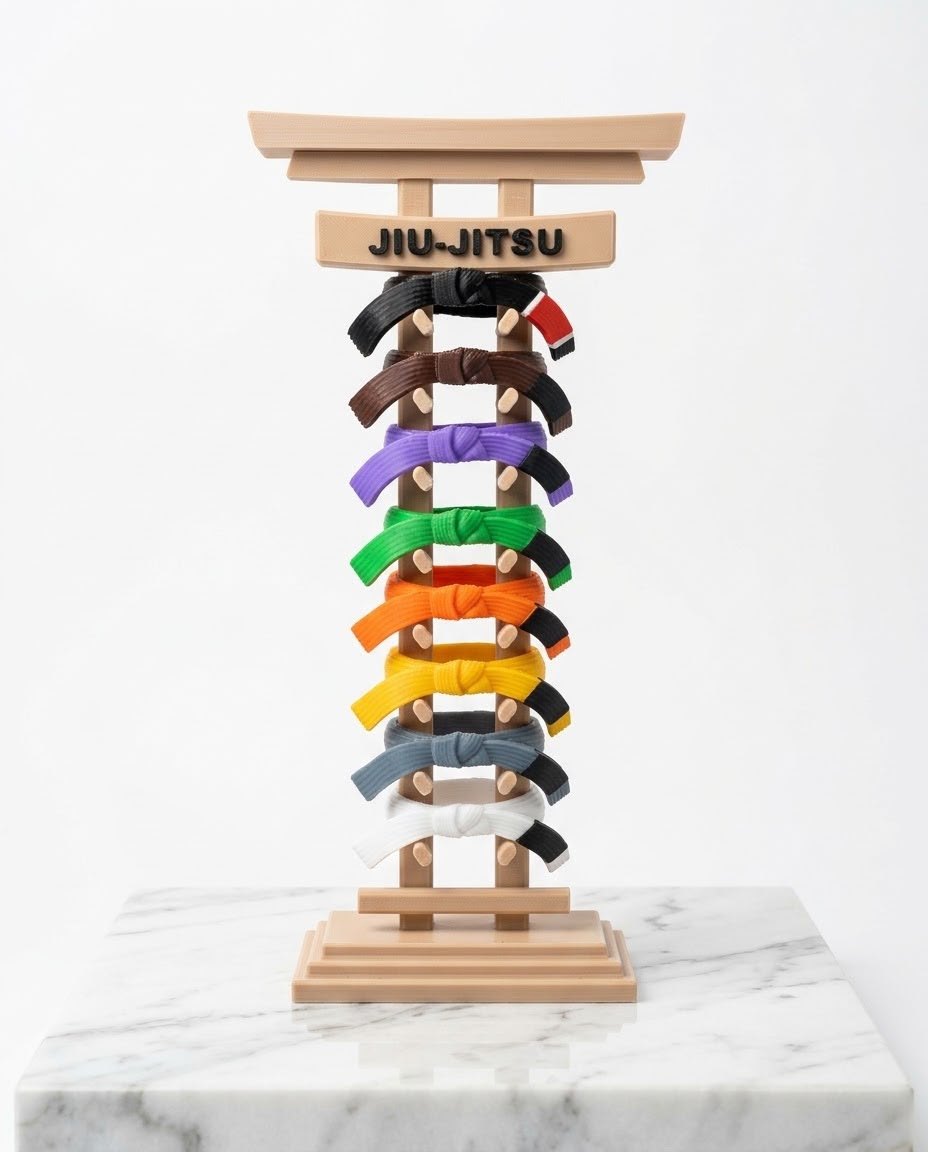 Porta-faixa completo com as faixas branca, cinza, amarela, laranja, verde, roxa, marrom e preta